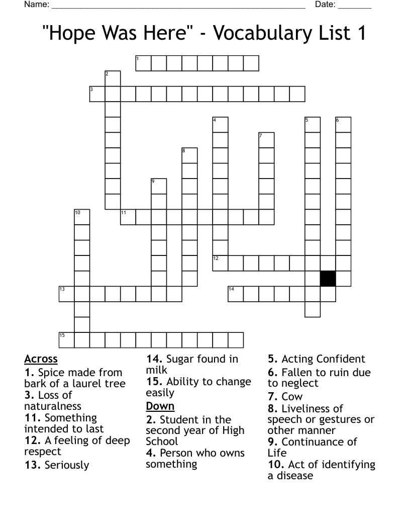 "Hope Was Here" - Vocabulary List 1 Crossword