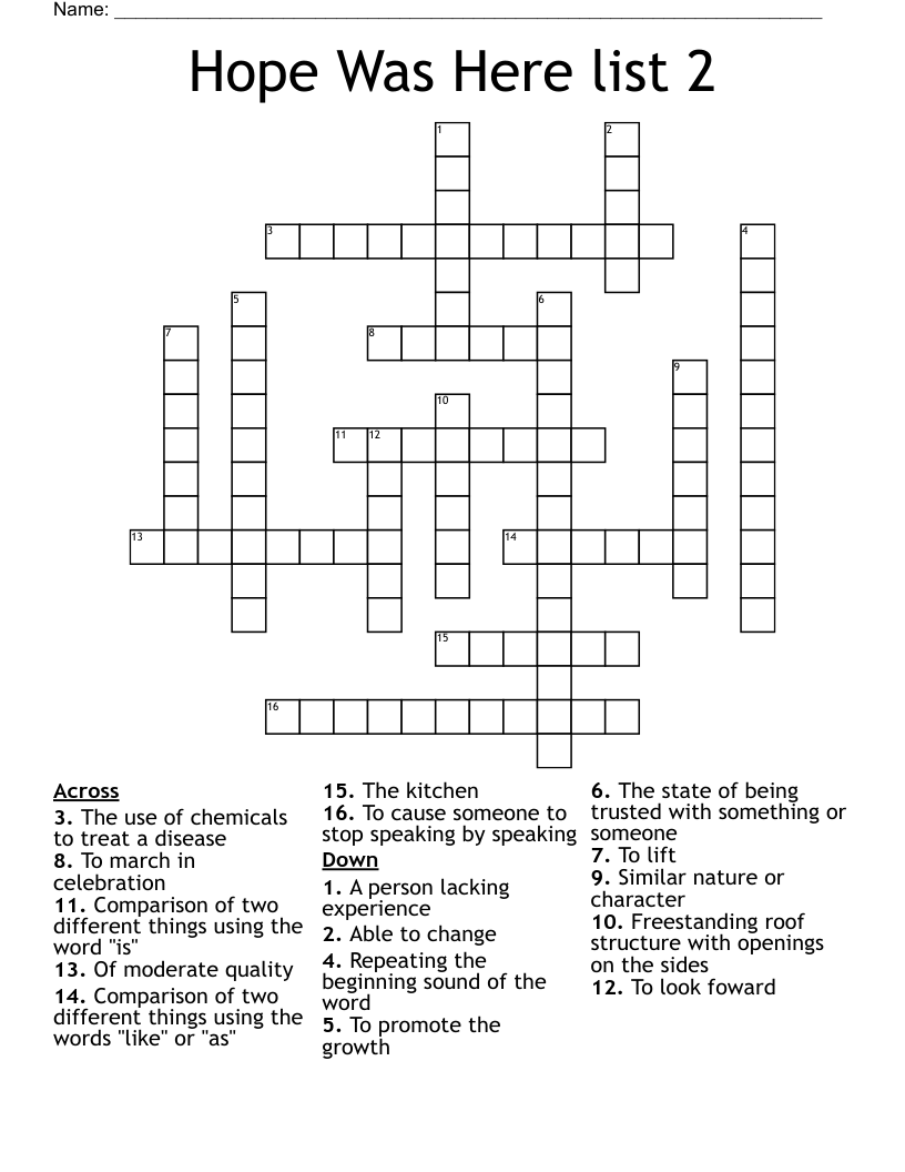 Hope Was Here list 2 Crossword