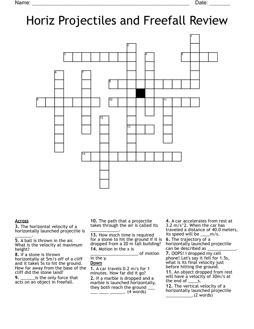 Horiz Projectiles and Freefall Review Crossword