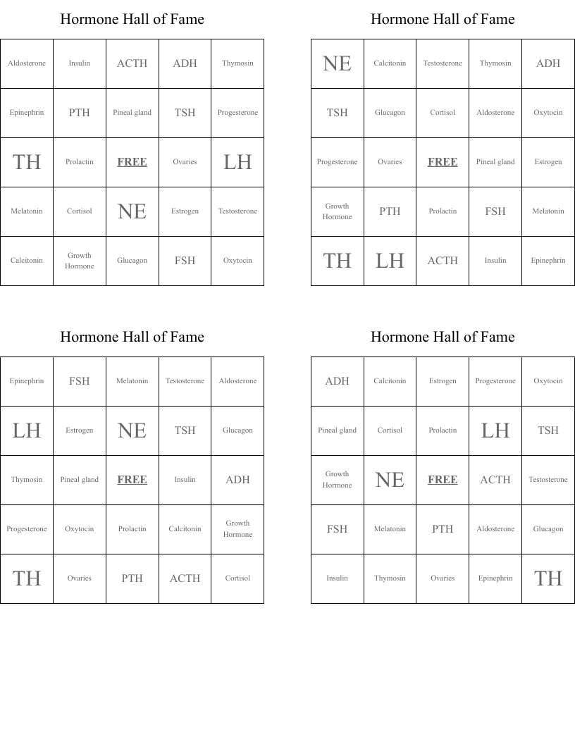 Hormone Hall of Fame Bingo Cards