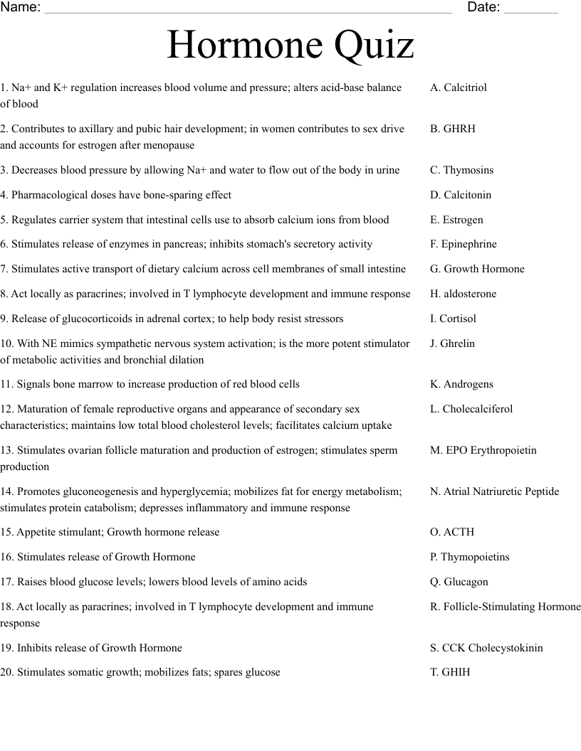 Hormone Quiz Worksheet
