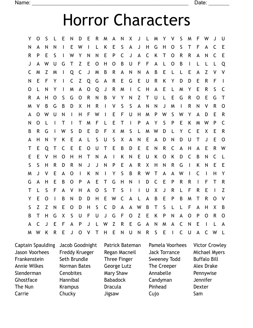 Horror Characters Word Search