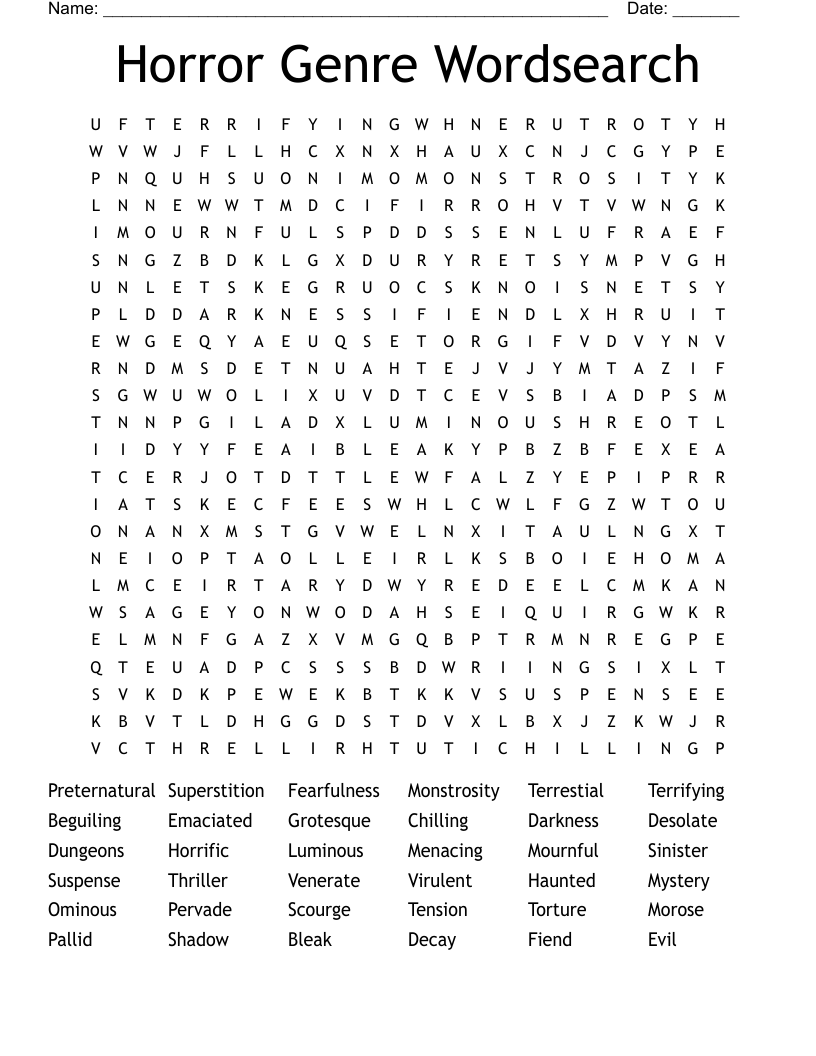 Horror Genre Wordsearch