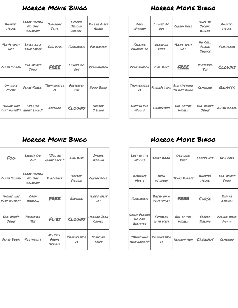 Horror Movie Bingo