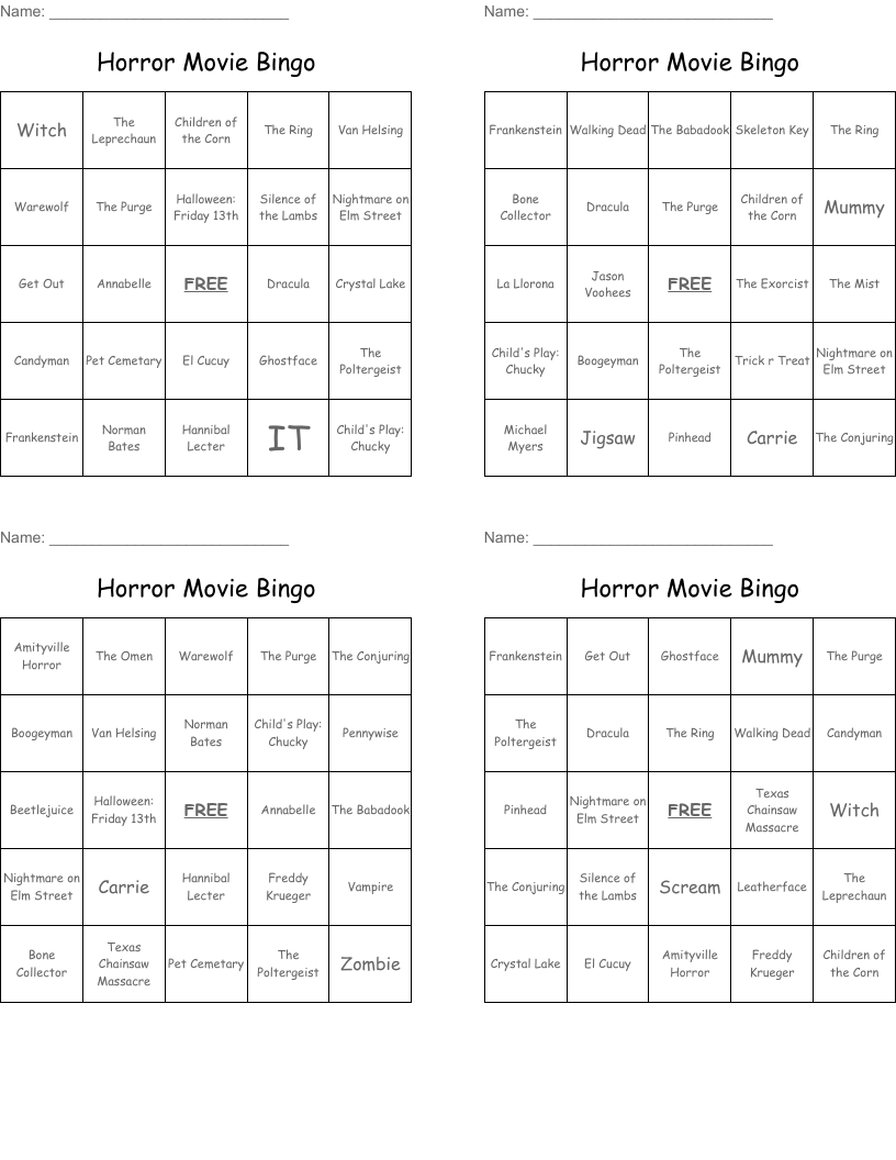 Horror Movie Bingo