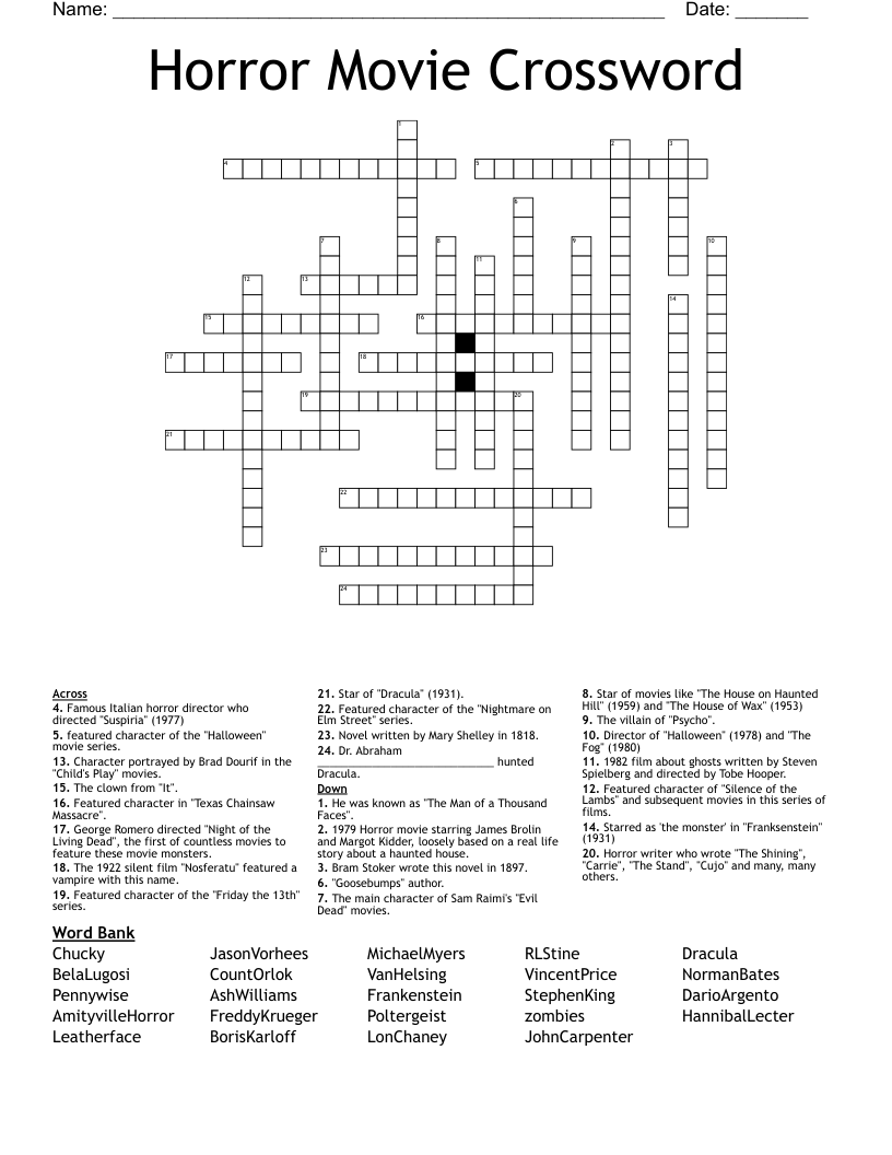 Horror Movie Crossword