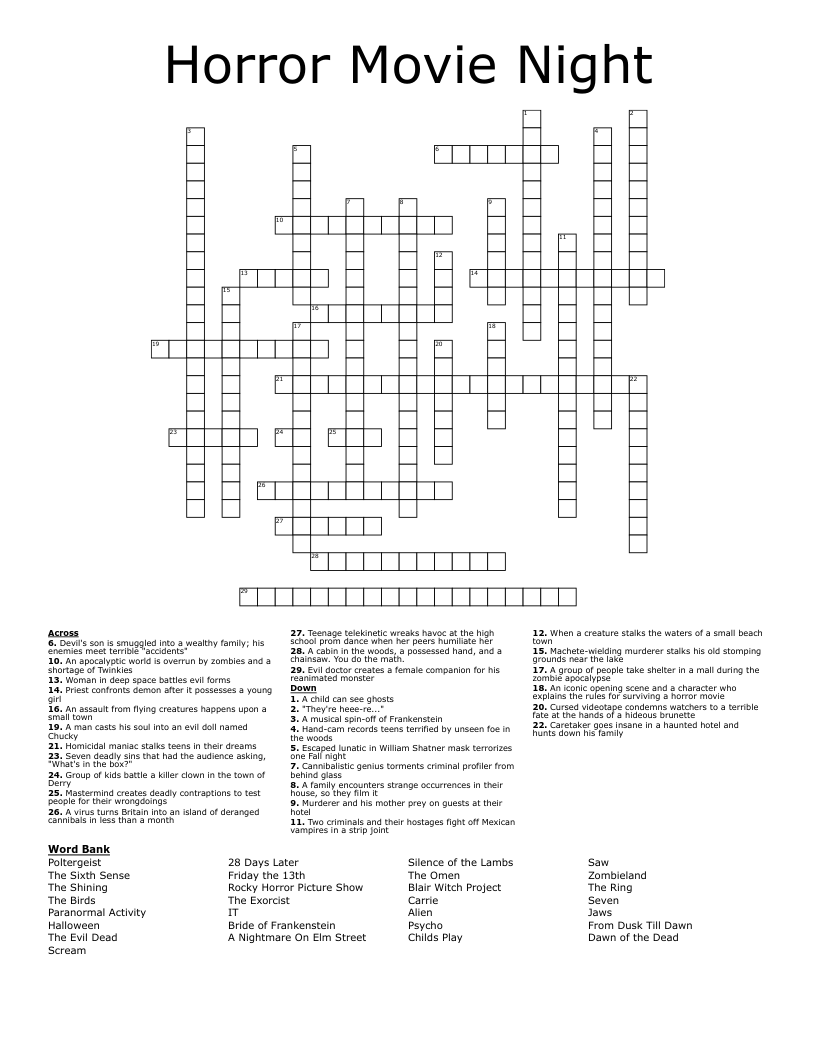 Horror Movie Night Crossword