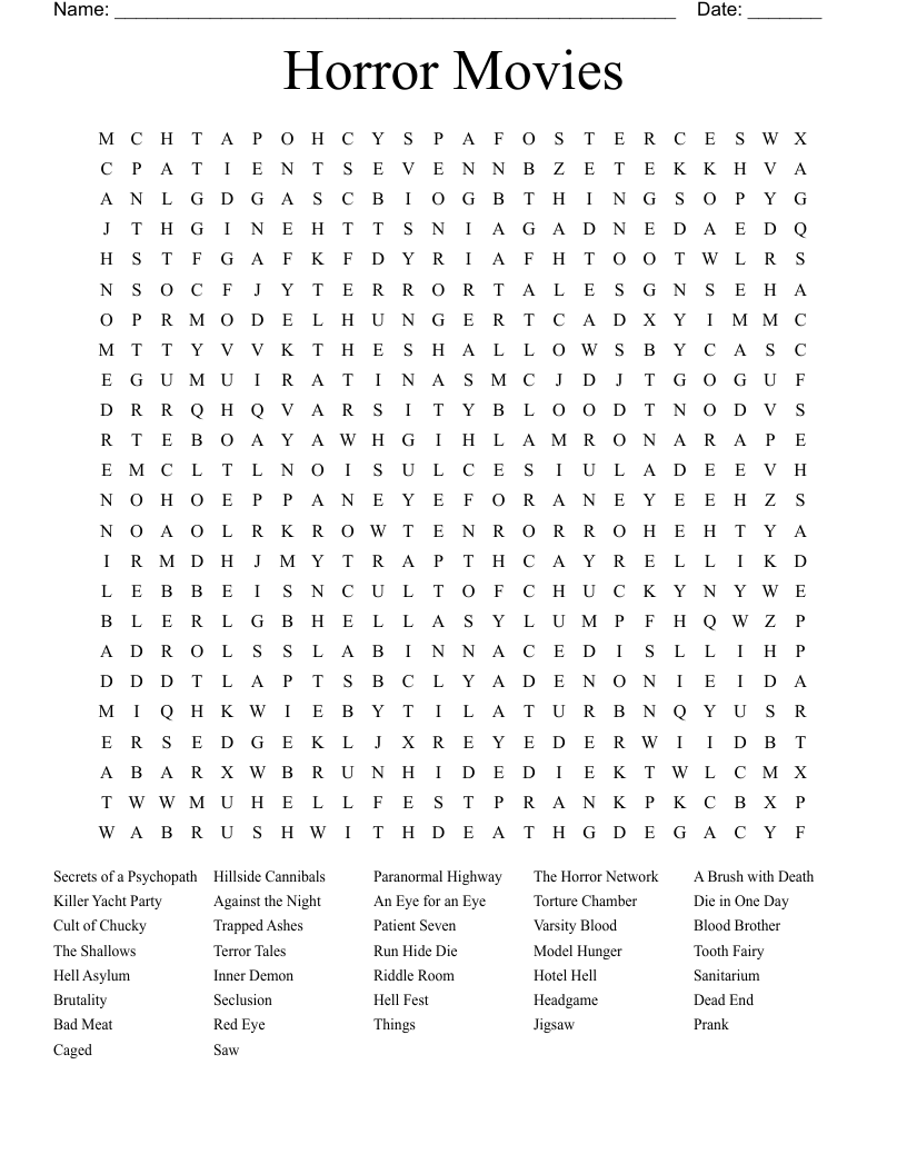 Horror Movies Word Search