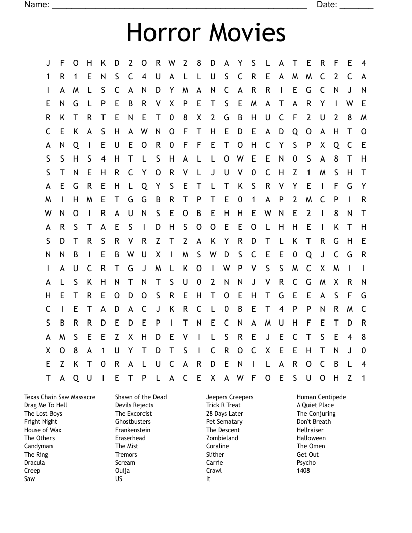 Horror Movies Word Search