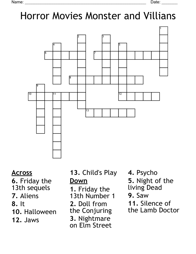 Horror Movies Monster and Villians Crossword