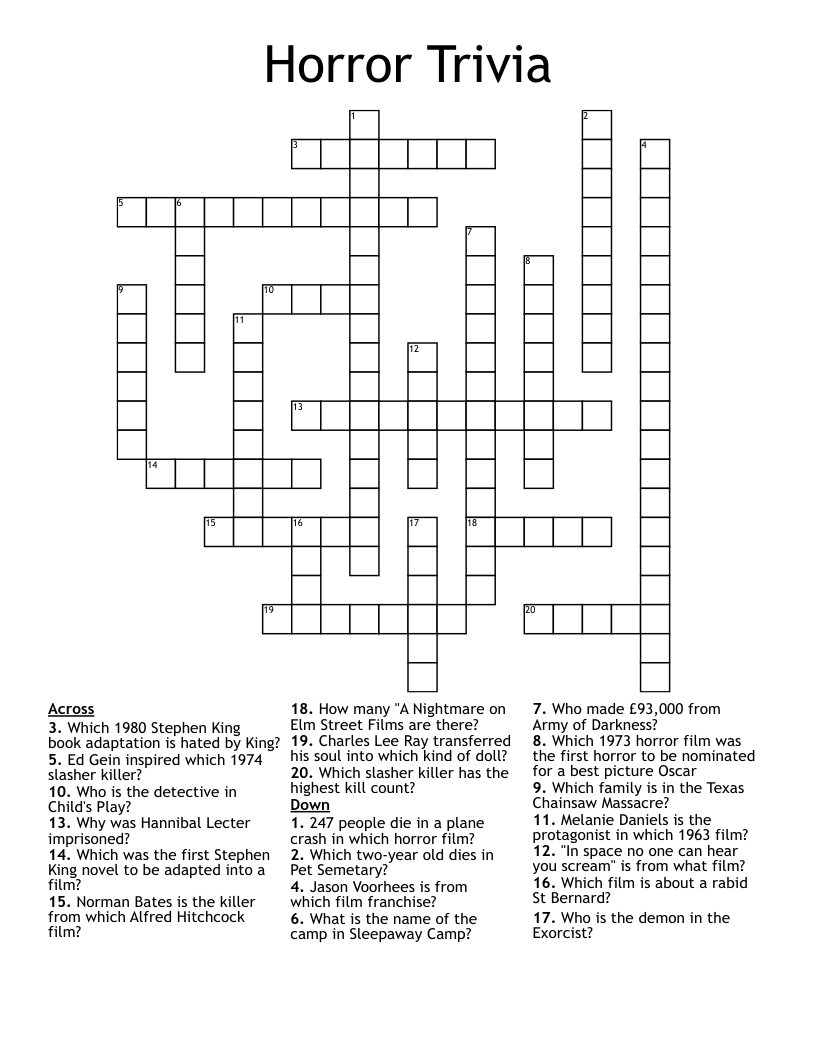 Horror Trivia Crossword