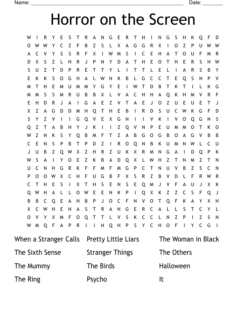 Horror on the Screen Word Search