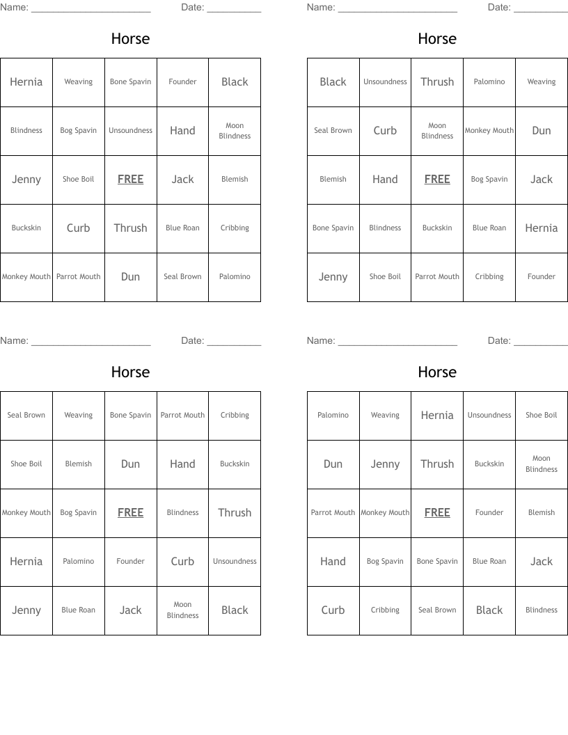 Horse Bingo Cards