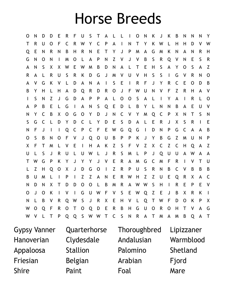 Horse Breeds Word Search