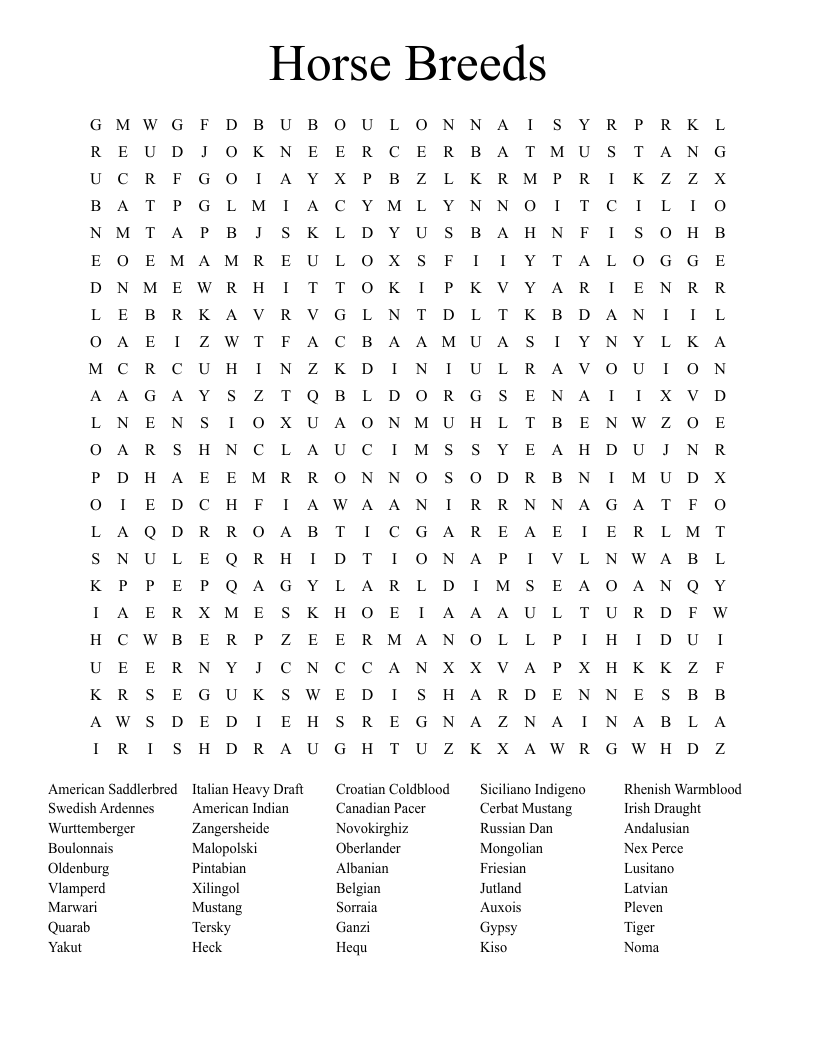 Horse Breeds Word Search