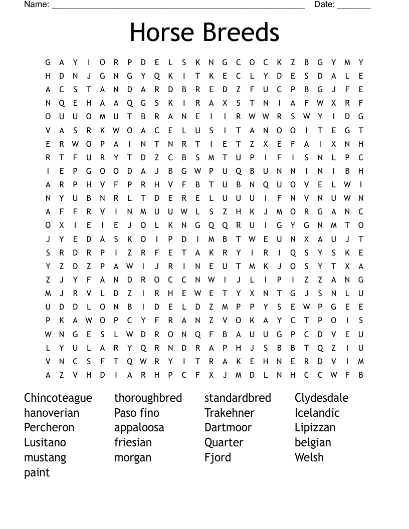 Horse Breeds Word Search