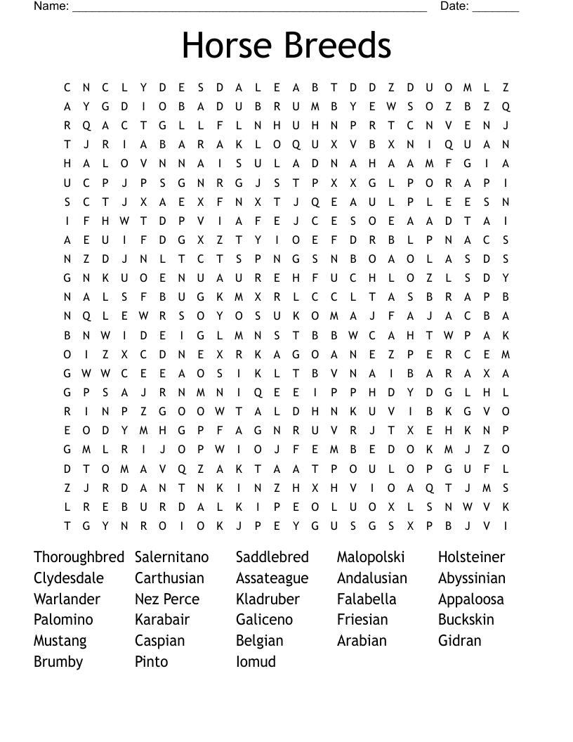 Horse Breeds Word Search