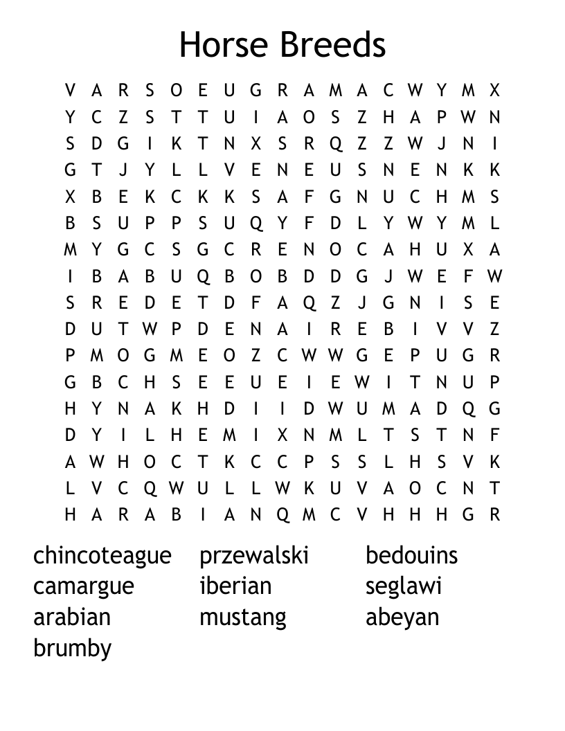 Horse Breeds Word Search