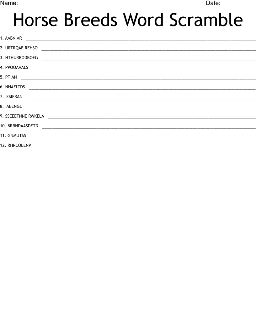 Horse Breeds Word Scramble