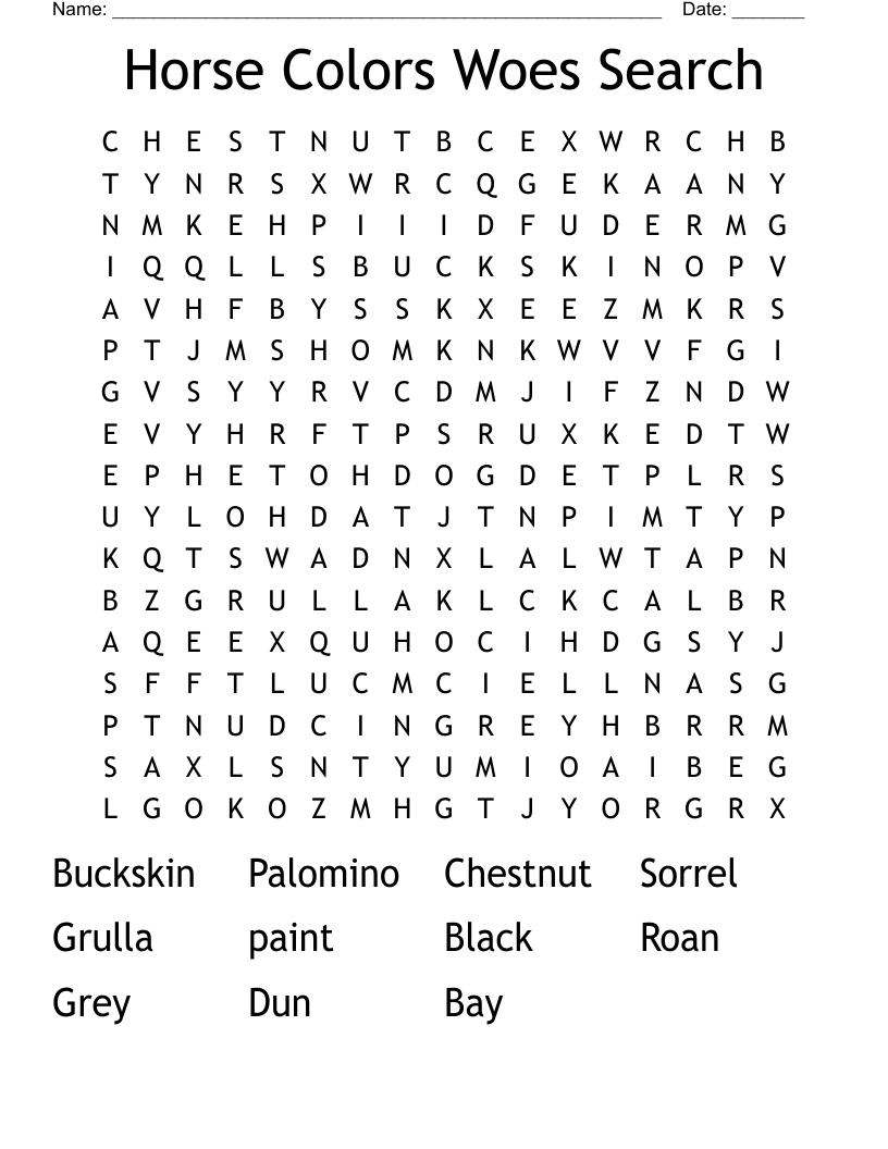 Horse Colors Woes Search Word Search