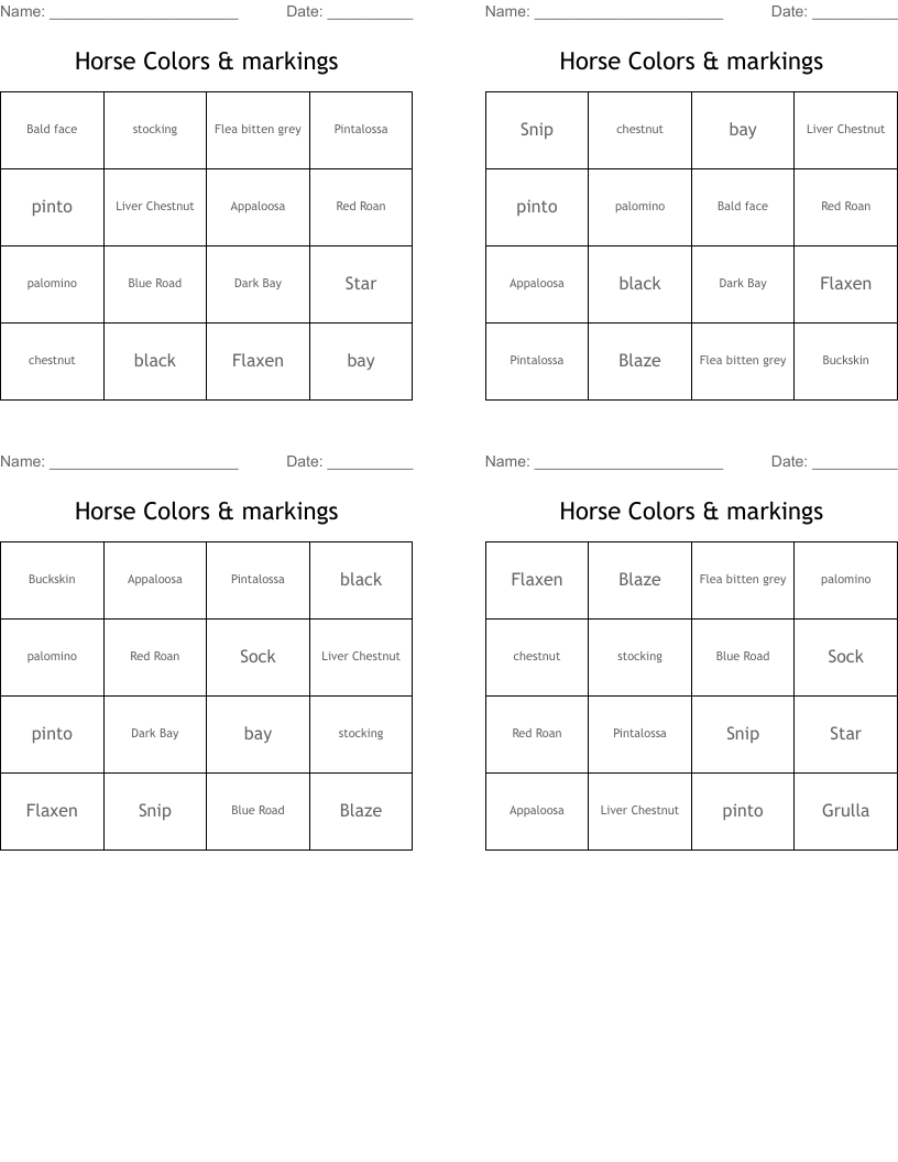 Horse Colors & markings Bingo Cards