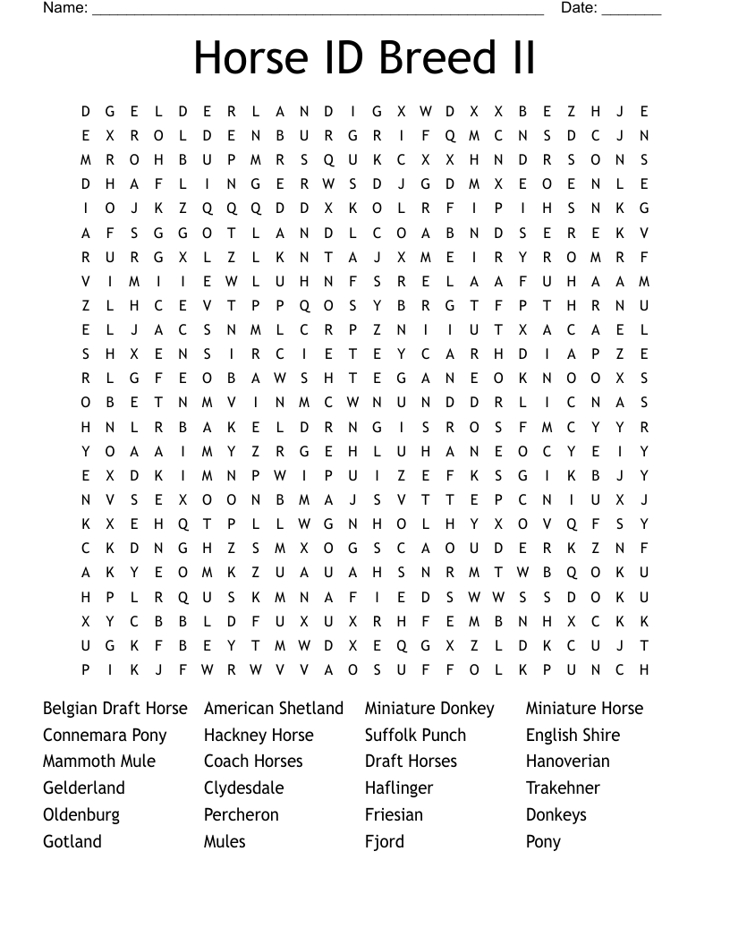 Horse ID Breed II Word Search