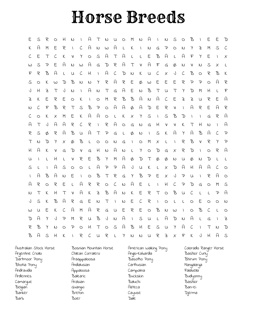 Horse  Breeds Word Search