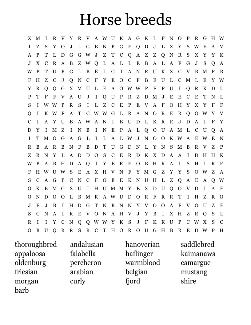 Horse breeds Word Search