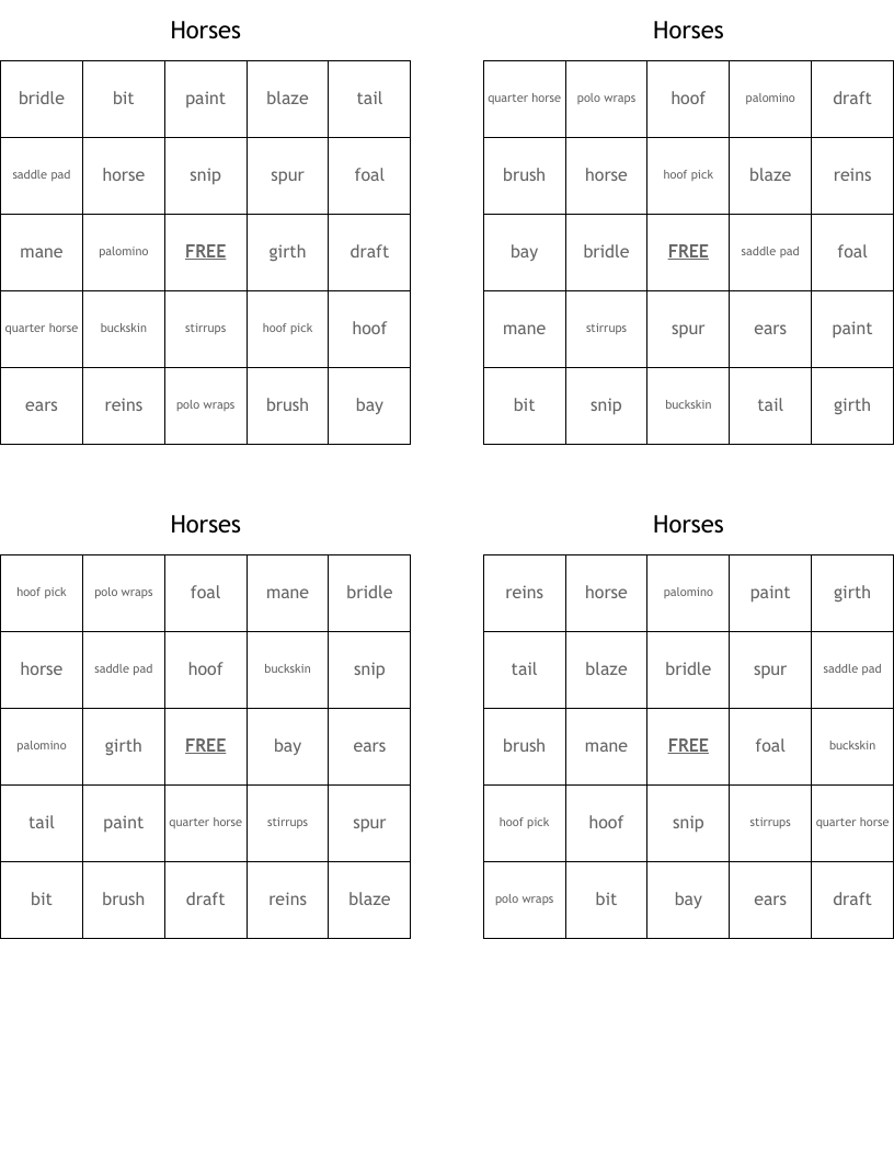 Horses Bingo Cards
