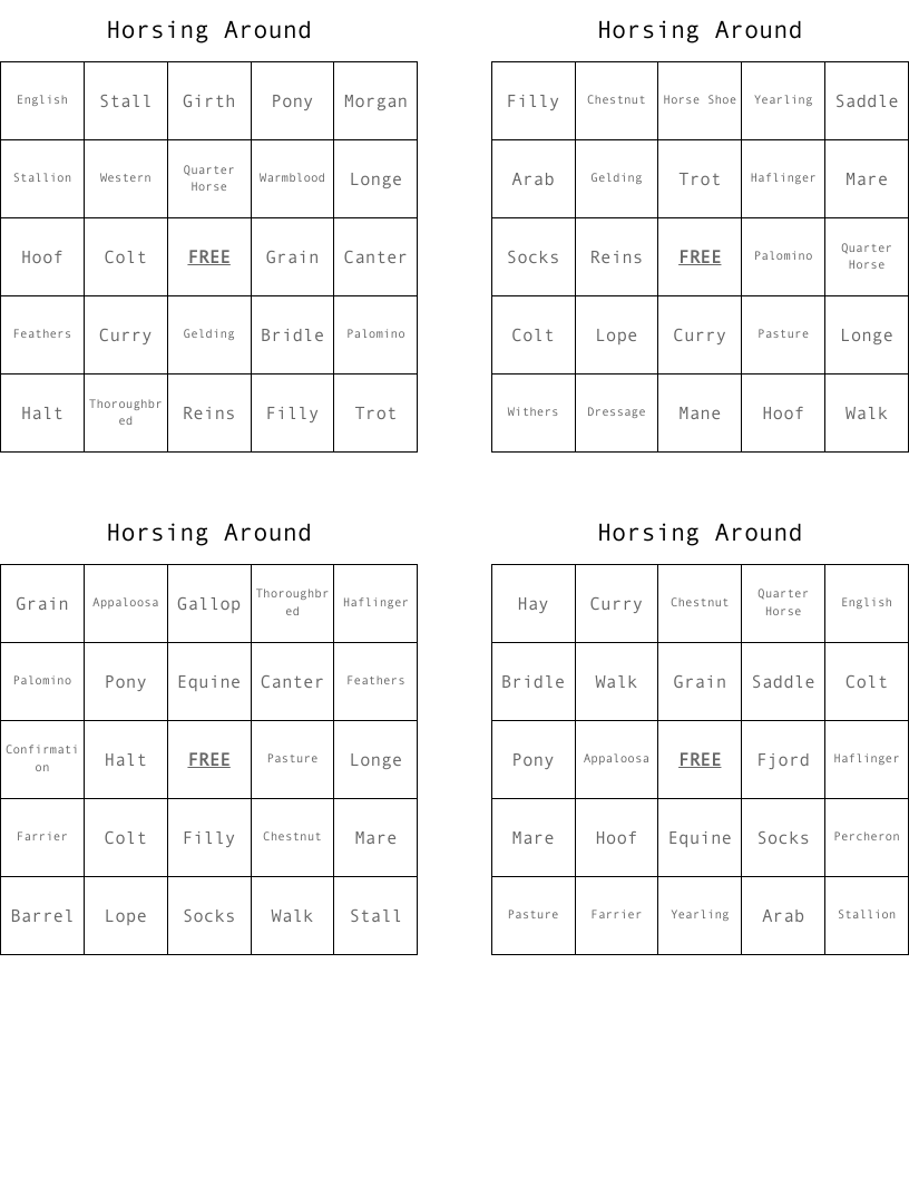 Horsing Around Bingo Cards