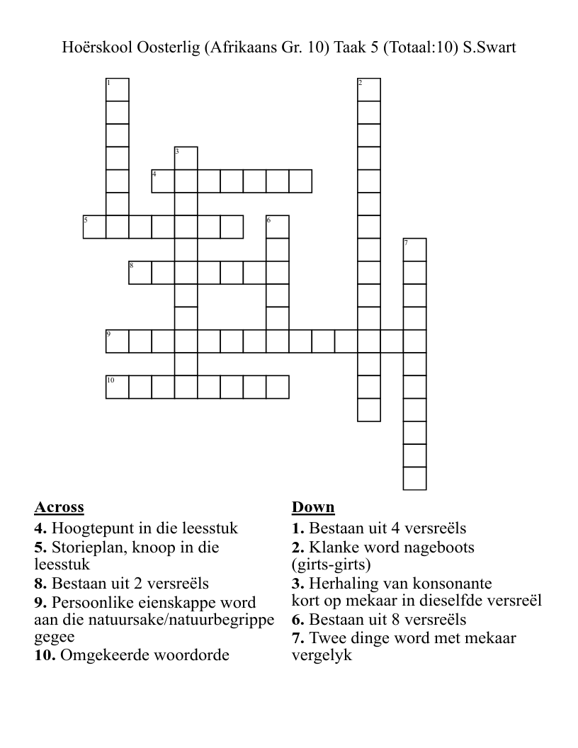Hoërskool Oosterlig (Afrikaans Gr. 10) Taak 5 (Totaal:10)  S.Swart Crossword