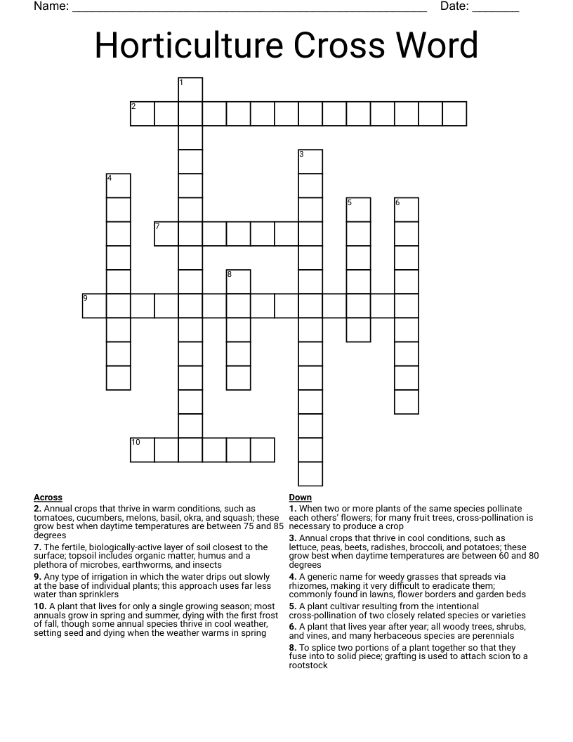 Horticulture Cross Word