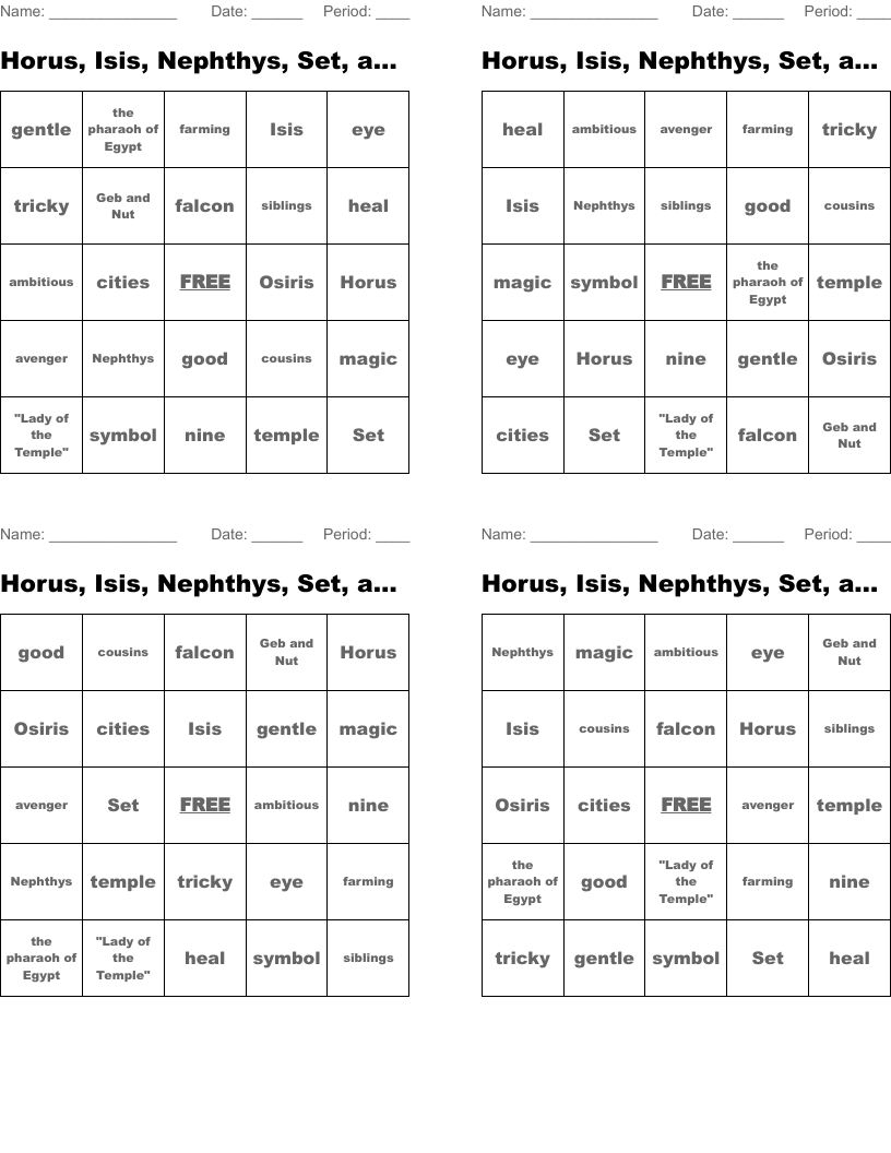 Horus, Isis, Nephthys, Set, and Osiris Bingo Activity #3
