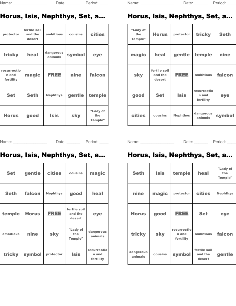 Horus, Isis, Nephthys, Set, and Osiris Bingo Activity #4