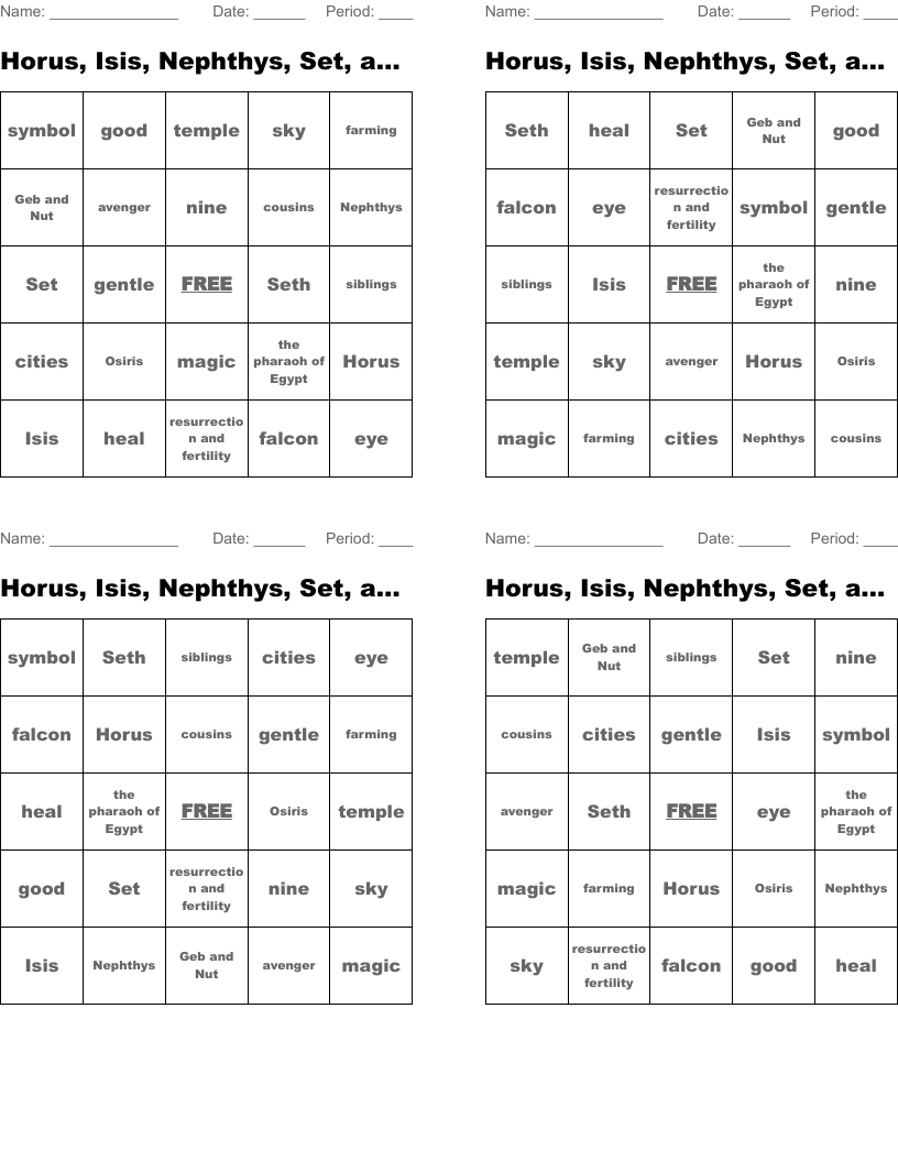 Horus, Isis, Nephthys, Set, and Osiris Bingo Activity #5