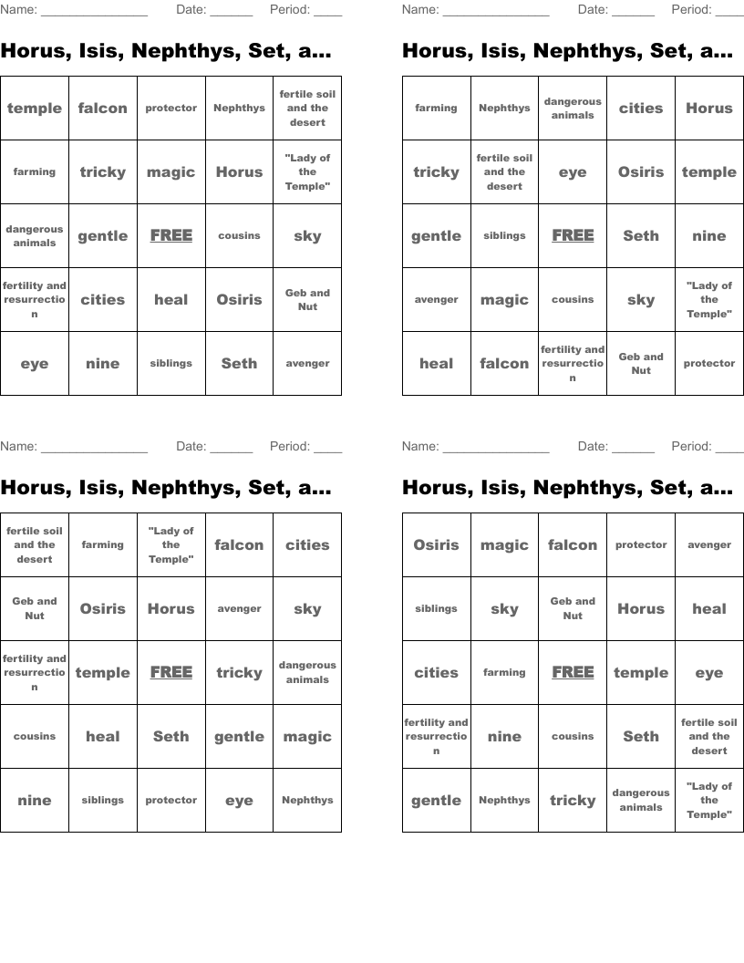 Horus, Isis, Nephthys, Set, and Osiris Bingo activity #1