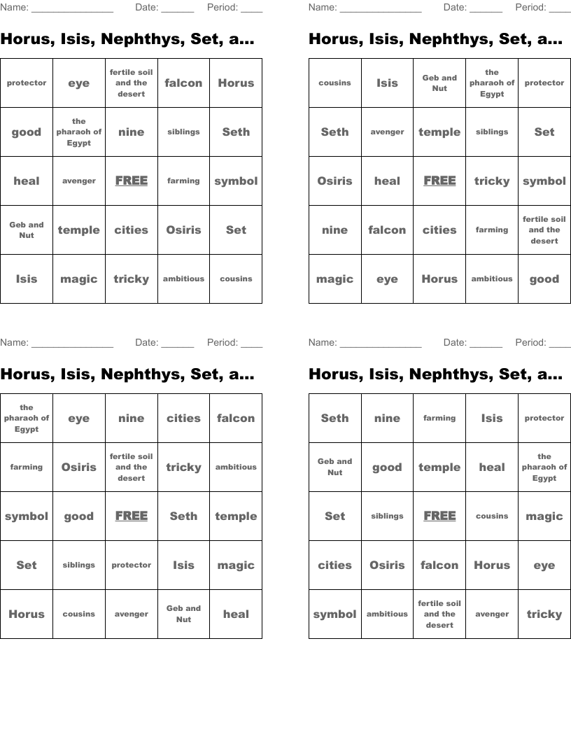 Horus, Isis, Nephthys, Set, and  Osiris Bingo Activity #2