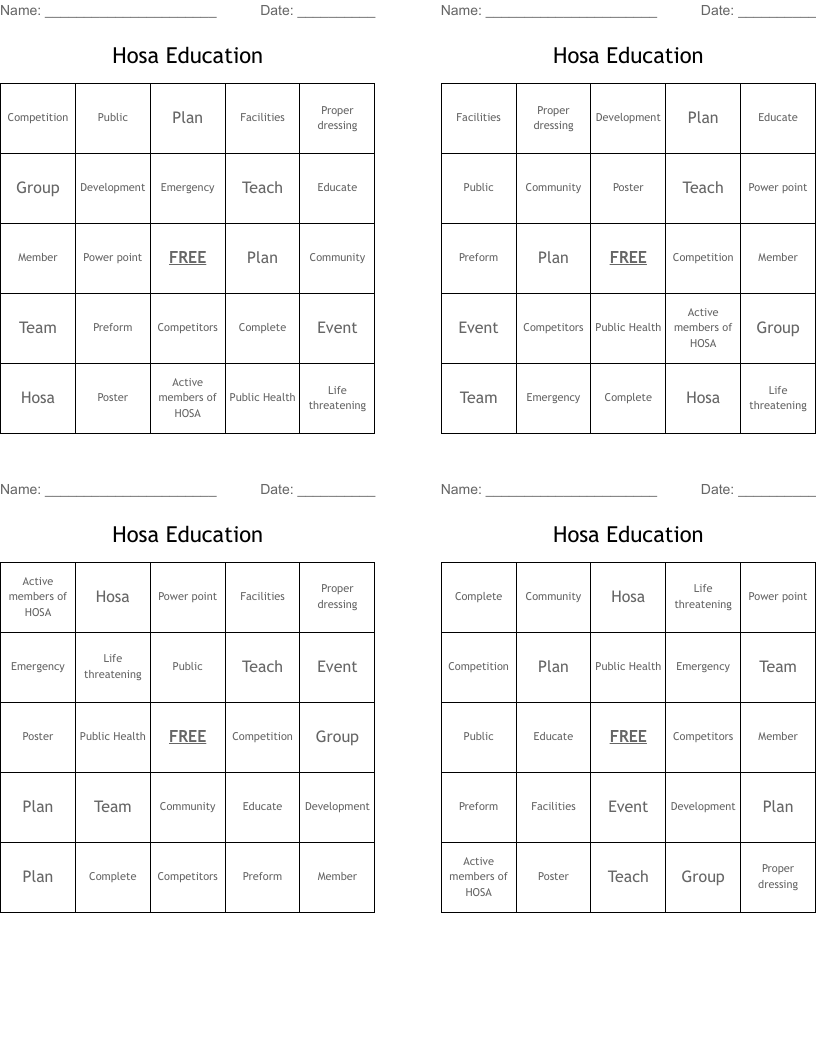 Hosa  Education Bingo Cards