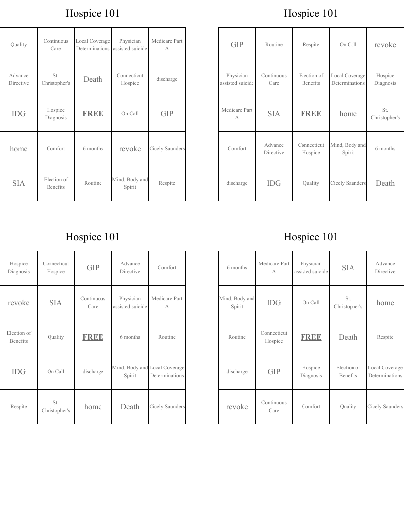 Hospice 101 Bingo Cards