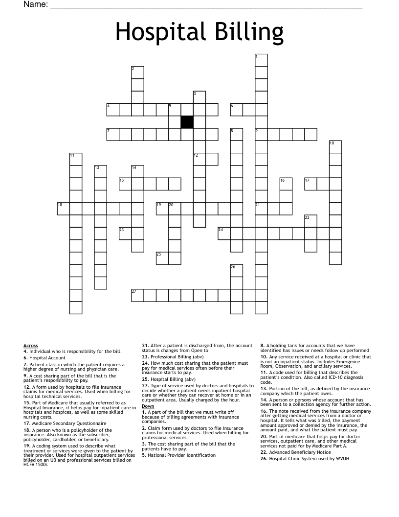 Hospital Billing Crossword