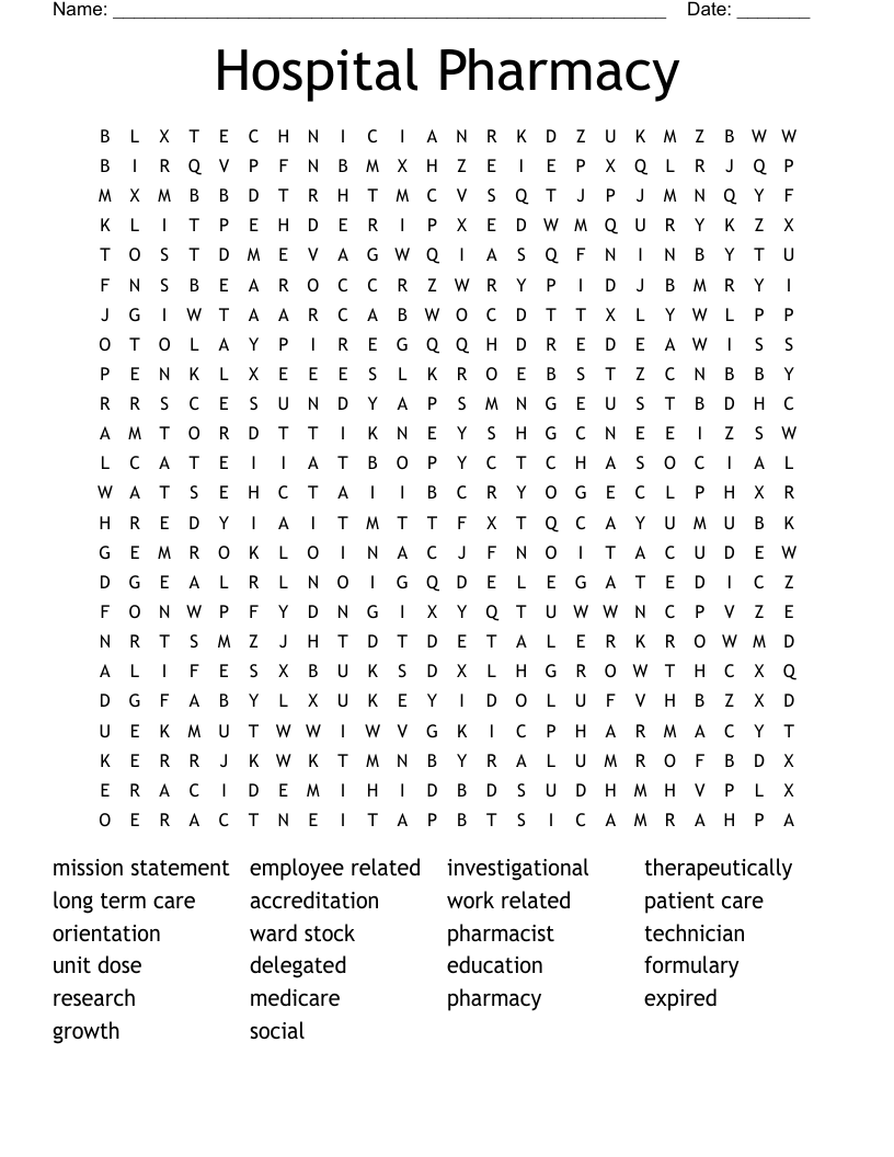Hospital Pharmacy  Word Search