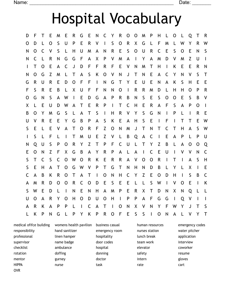 Hospital Vocabulary Word Search