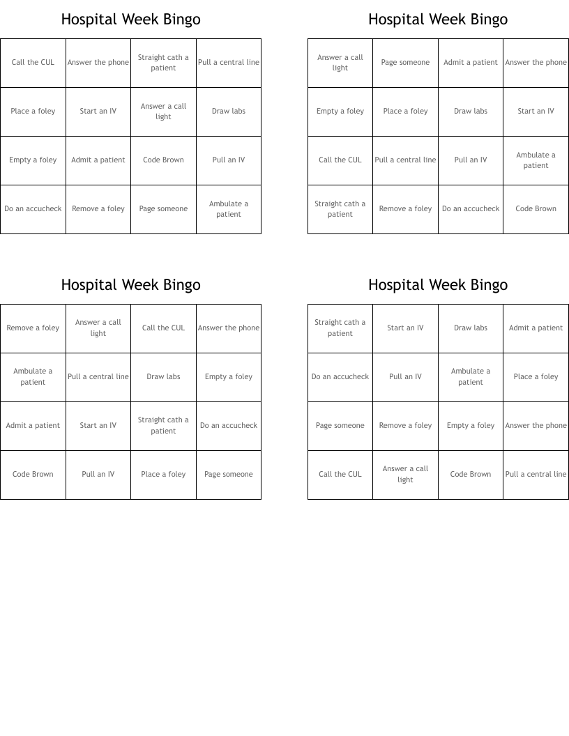 Hospital Week Bingo