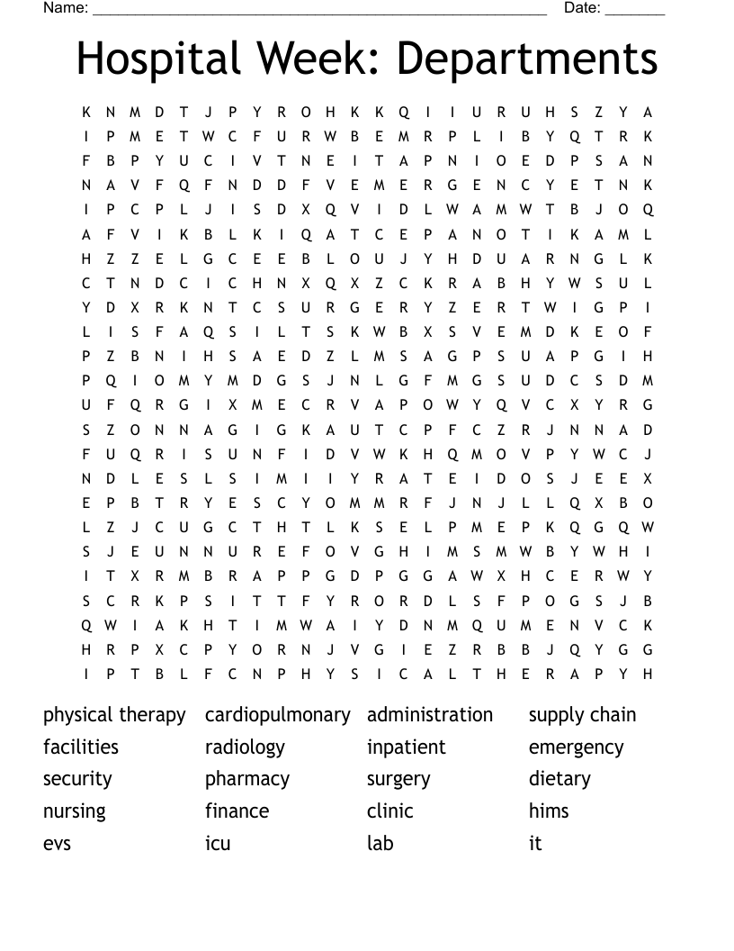 Hospital Week: Departments Word Search