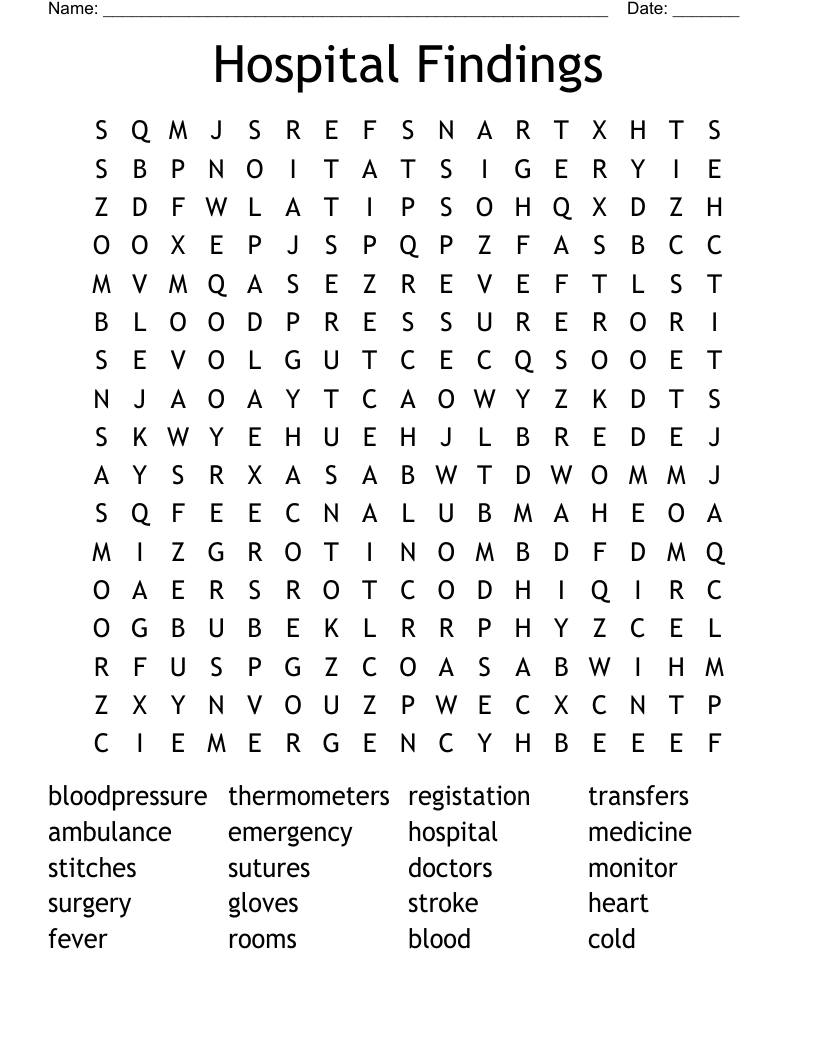 Hospital  Findings Word Search