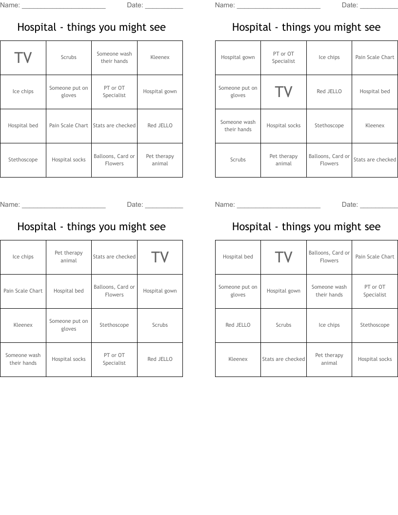 Hospital - things you might see Bingo Cards