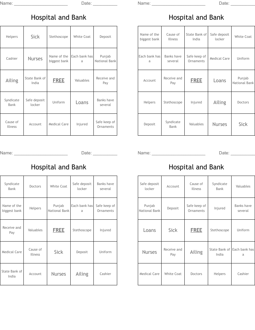 Hospital and Bank Bingo Cards