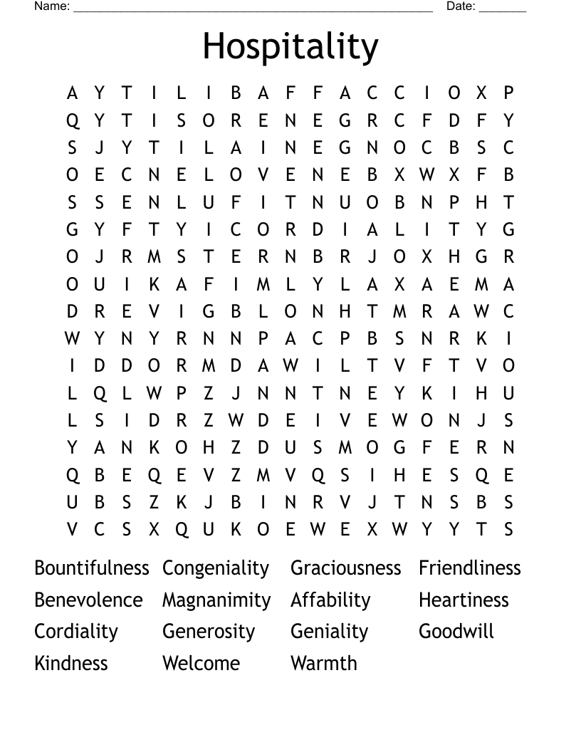 Hospitality Word Search