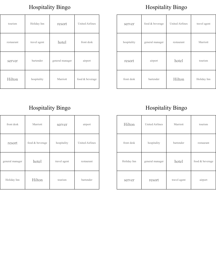 Hospitality Bingo 