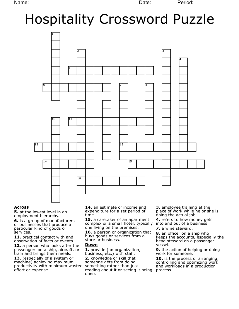Hospitality Crossword Puzzle